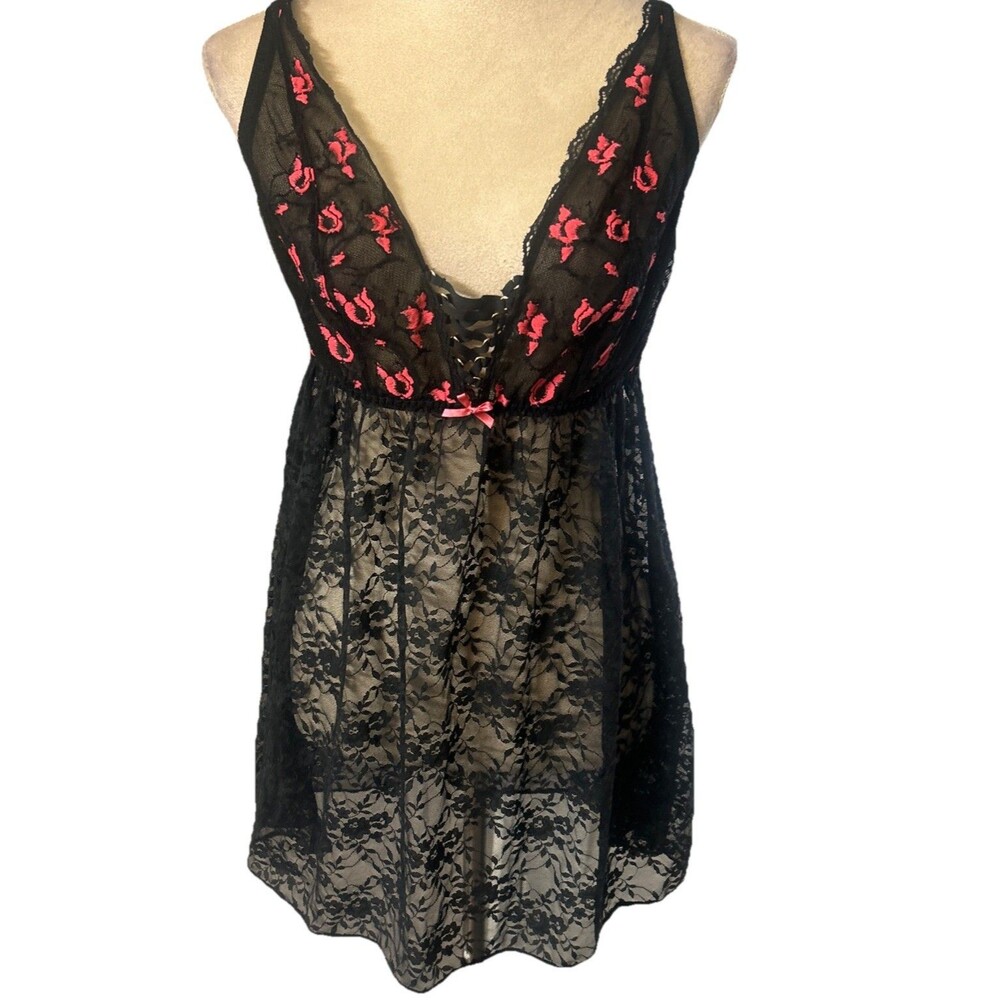 Cacique Babydoll Chemise 14/16 Black Lace Pink Floral Bow Nightie Boudoir Sheer